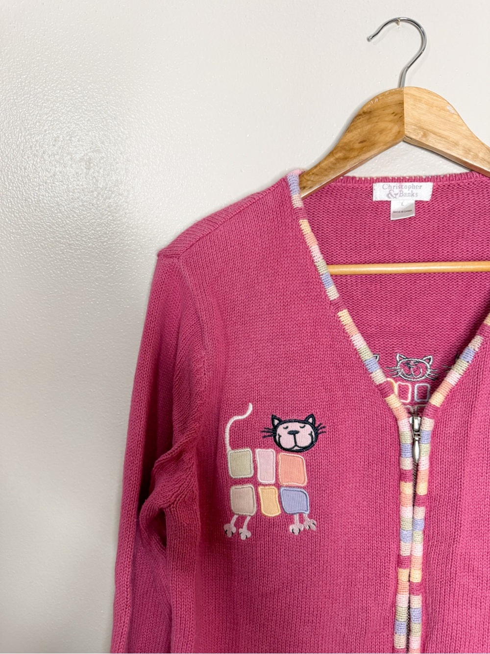 Vintage Cat Embroidered Full Zip Cardigan Pink Sweater - Picture 4 of 9